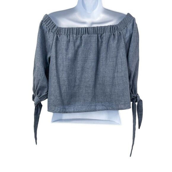Lulu's Tender Moments Chambray Off the Shoulder Tie Sleeve Cropped Blouse Top - Picture 5 of 10